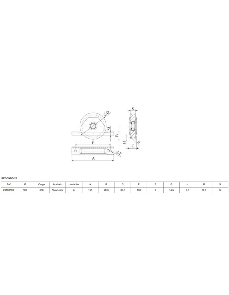 POLEA NYLON 100X27 R20 + SOPORTE ATORN. INOX (R30100-I)